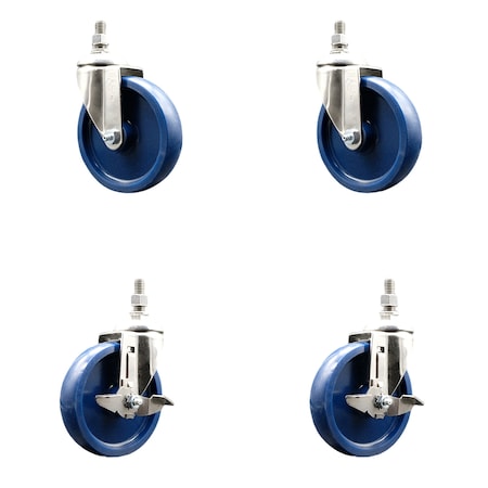 Service Caster 5 Inch 316SS Solid Polyurethane Swivel 3/8 Inch Threaded Stem Caster Brake, 2PK SS316TS20S514-SPUS-381615-2-TLB-2